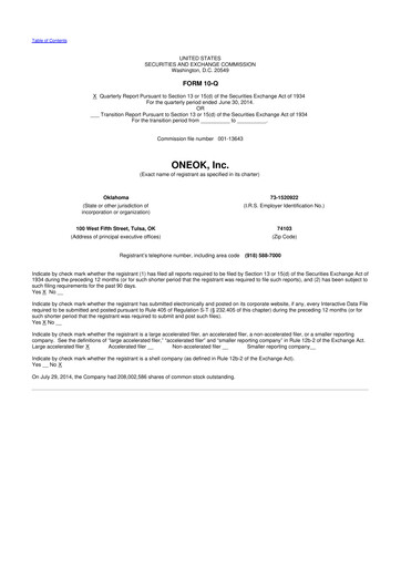 Thumbnail Oneok 10-Q Quarterly Report FY2014 