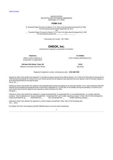 Thumbnail Oneok 10-Q Quarterly Report FY2014 