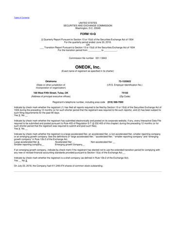 Thumbnail Oneok 10-Q Quarterly Report FY2018 