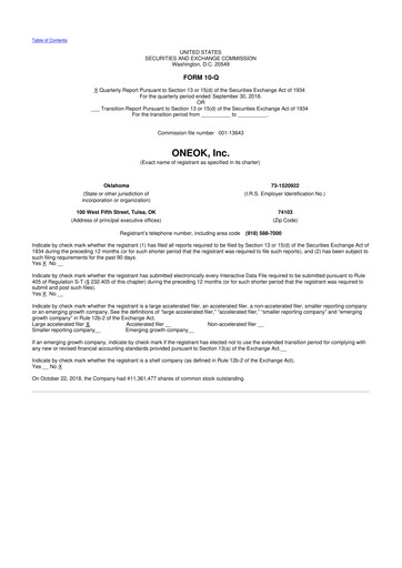 Thumbnail Oneok 10-Q Quarterly Report FY2018 