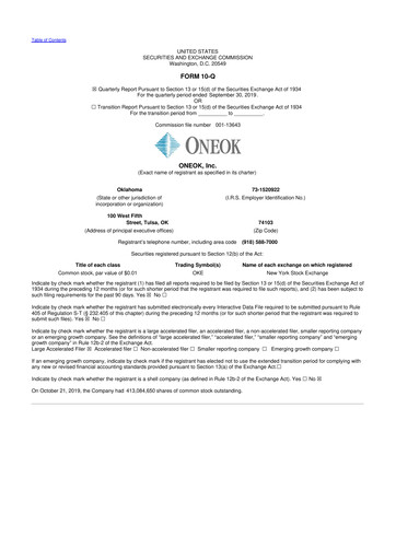Thumbnail Oneok 10-Q Quarterly Report FY2019 