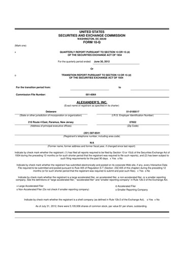Thumbnail Alexander's, Inc. 10-Q Quarterly Report FY2012 