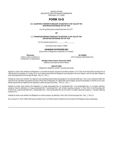 Miniature Johnson Outdoors
 10-Q Rapport trimestriel 2012 