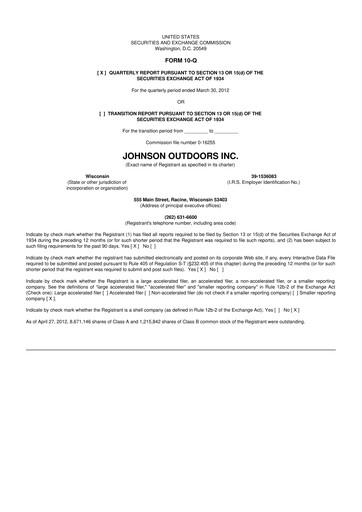 Miniature Johnson Outdoors
 10-Q Rapport trimestriel 2012 