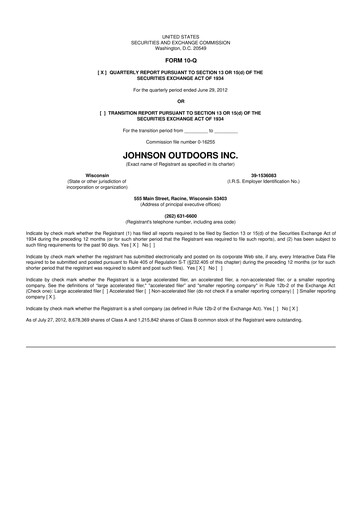 Miniature Johnson Outdoors
 10-Q Rapport trimestriel 2012 