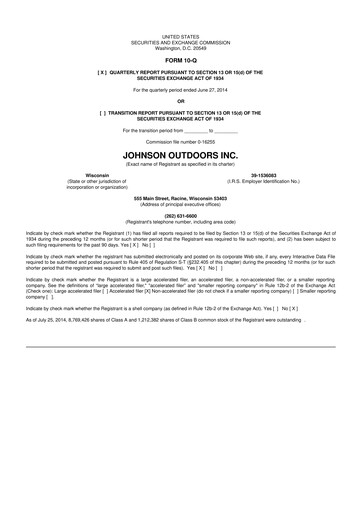 Miniature Johnson Outdoors
 10-Q Rapport trimestriel 2014 