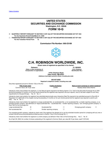 Thumbnail C. H. Robinson 10-Q Quarterly Report FY 