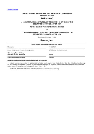 Thumbnail Pentair
 10-Q Quarterly Report FY 