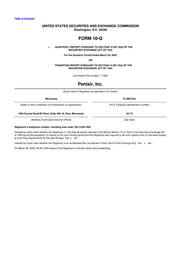 Thumbnail Pentair
 10-Q Quarterly Report FY 