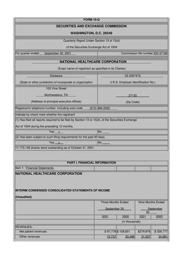 Thumbnail National Healthcare
 10-Q Quarterly Report FY 