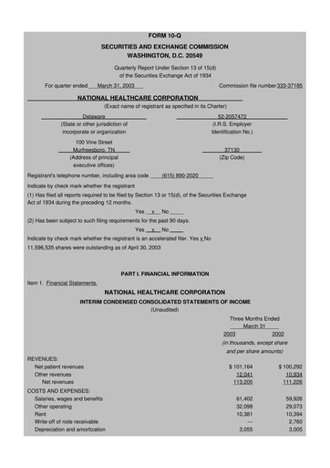 Thumbnail National Healthcare
 10-Q Quarterly Report FY 