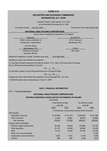 Thumbnail National Healthcare
 10-Q Quarterly Report FY 