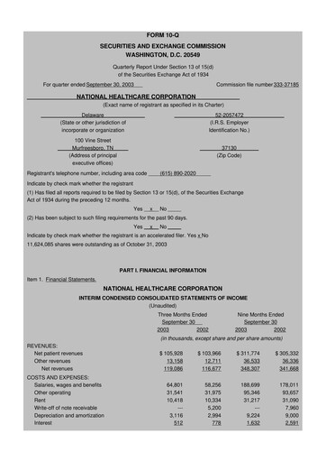 Thumbnail National Healthcare
 10-Q Quarterly Report FY 