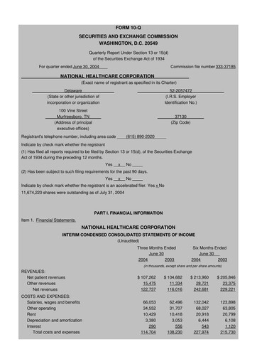 Thumbnail National Healthcare
 10-Q Quarterly Report FY 
