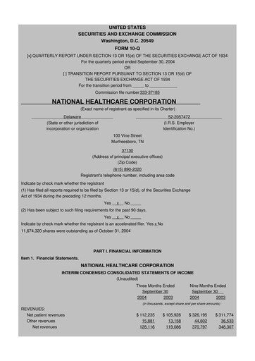 Thumbnail National Healthcare
 10-Q Quarterly Report FY 