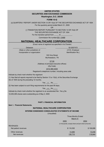 Thumbnail National Healthcare
 10-Q Quarterly Report FY 