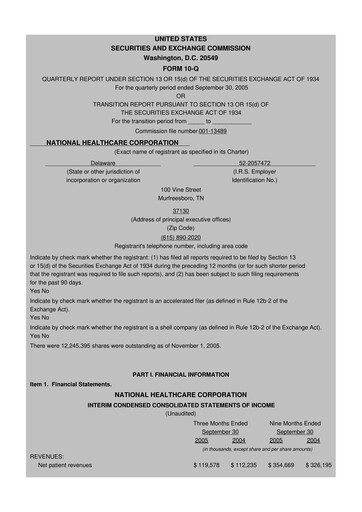 Thumbnail National Healthcare
 10-Q Quarterly Report FY 