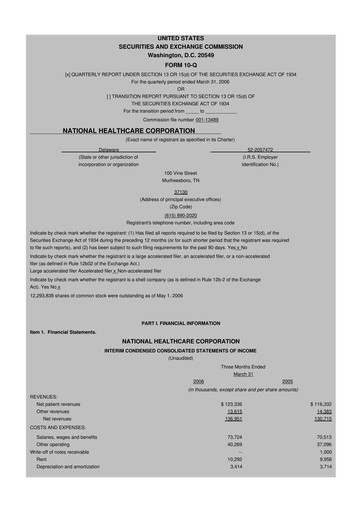 Thumbnail National Healthcare
 10-Q Quarterly Report FY 