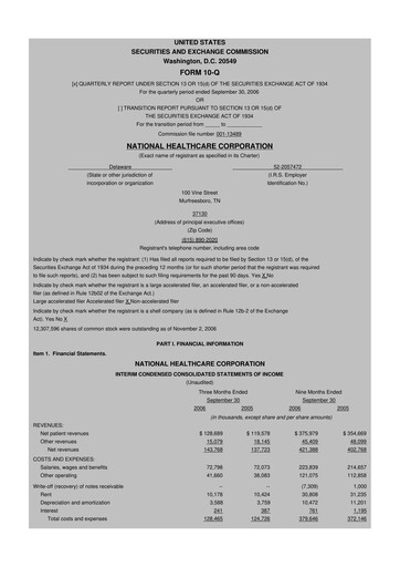 Thumbnail National Healthcare
 10-Q Quarterly Report FY 