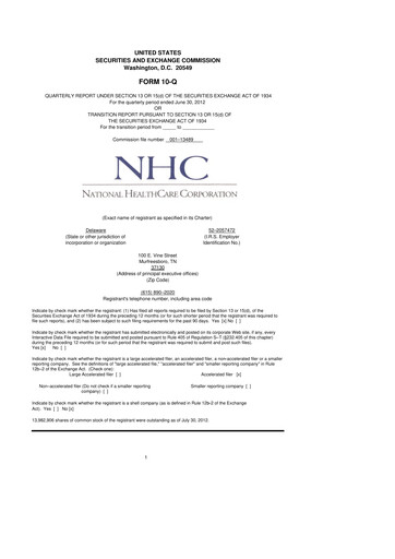 Thumbnail National Healthcare
 10-Q Quarterly Report FY2012 