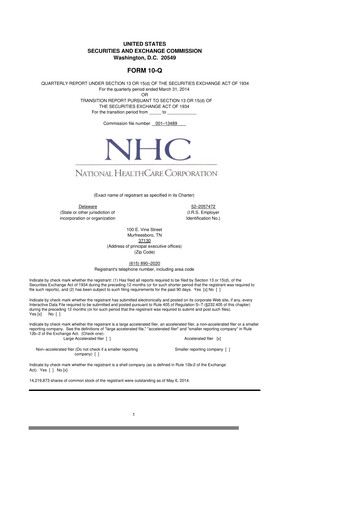 Thumbnail National Healthcare
 10-Q Quarterly Report FY2014 