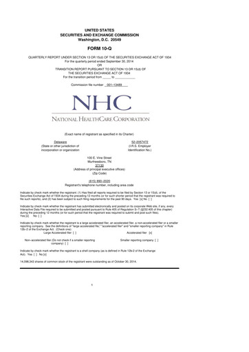 Thumbnail National Healthcare
 10-Q Quarterly Report FY2014 