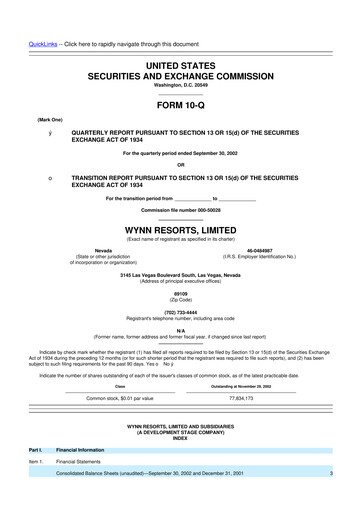 Thumbnail Wynn Resorts
 10-Q Quarterly Report FY 