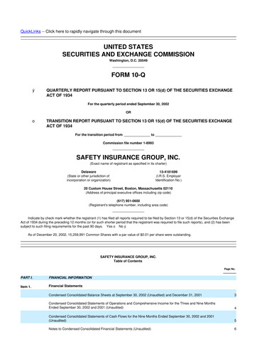 Thumbnail Safety Insurance
 10-Q Quarterly Report FY 