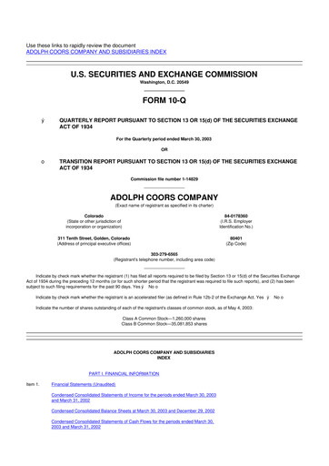Thumbnail Molson Coors 10-Q Quarterly Report FY 