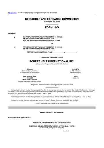 Thumbnail Robert Half 10-Q Quarterly Report FY 
