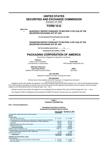 Thumbnail Packaging Corporation of America
 10-Q Quarterly Report FY 