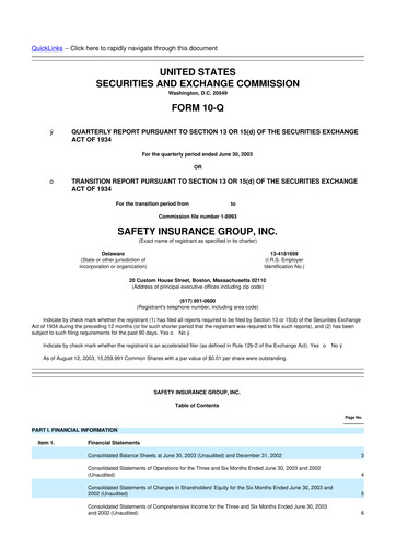 Thumbnail Safety Insurance
 10-Q Quarterly Report FY 