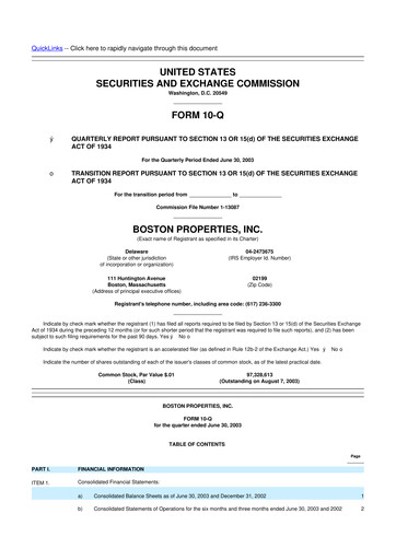 Thumbnail BXP, Inc.
 10-Q Quarterly Report FY 