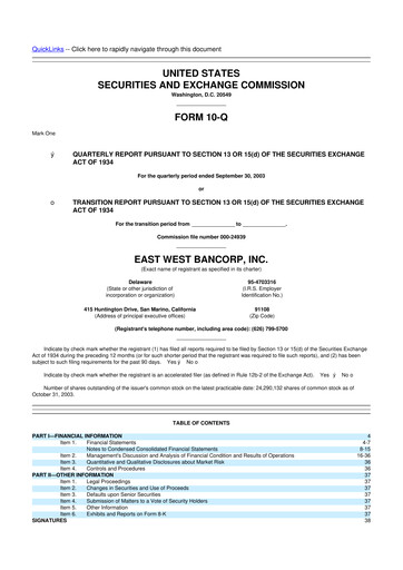 Thumbnail East West Bancorp
 10-Q Quarterly Report FY 