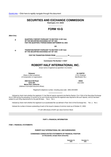 Thumbnail Robert Half 10-Q Quarterly Report FY 