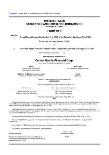 Miniature Central Pacific Financial 10-K Rapport annuel 
