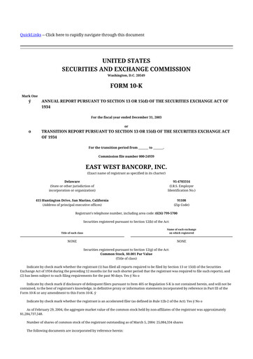 Thumbnail East West Bancorp
 10-K Annual Report 