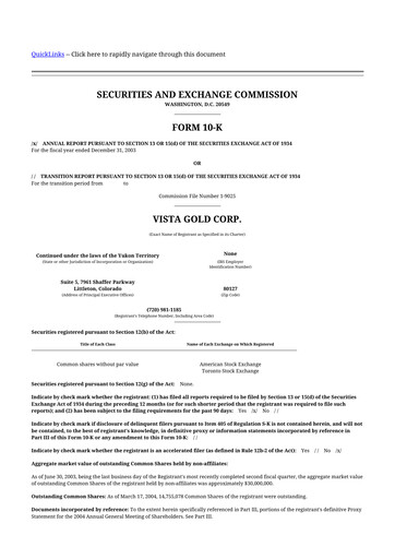 Thumbnail Vista Gold
 10-K Annual Report 