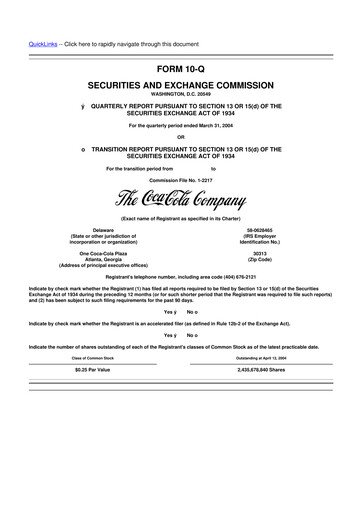 Thumbnail Coca-Cola 10-Q Quarterly Report FY 