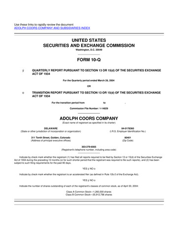 Thumbnail Molson Coors 10-Q Quarterly Report FY 