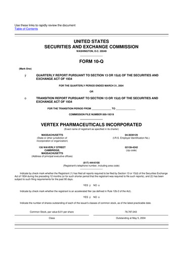 Thumbnail Vertex Pharmaceuticals 10-Q Quarterly Report FY 