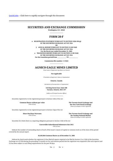 Thumbnail Agnico Eagle Mines 20-F Annual Report 