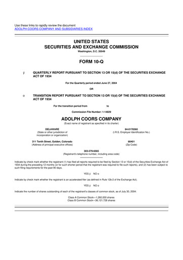 Thumbnail Molson Coors 10-Q Quarterly Report FY 