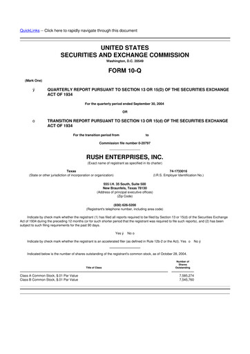 Thumbnail Rush Enterprises
 10-Q Quarterly Report FY 