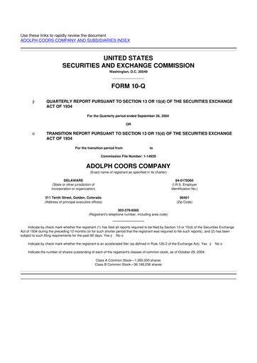 Thumbnail Molson Coors 10-Q Quarterly Report FY 