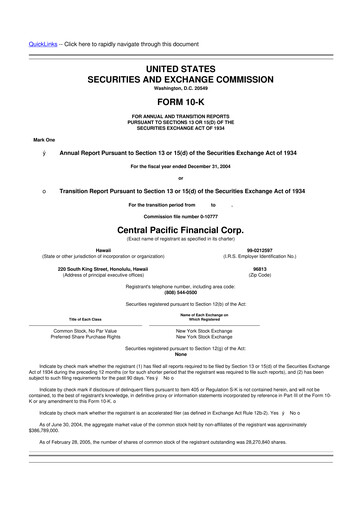 Miniature Central Pacific Financial 10-K Rapport annuel 