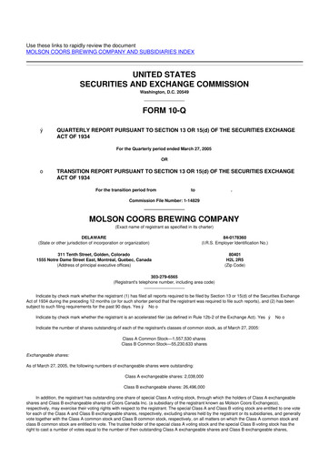 Thumbnail Molson Coors 10-Q Quarterly Report FY 