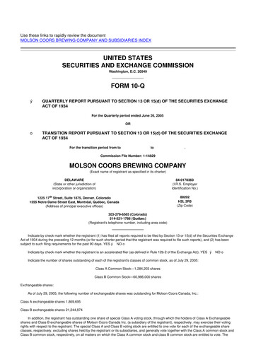 Thumbnail Molson Coors 10-Q Quarterly Report FY 