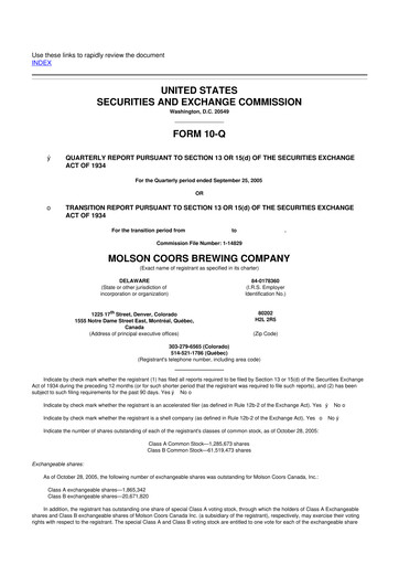 Thumbnail Molson Coors 10-Q Quarterly Report FY 