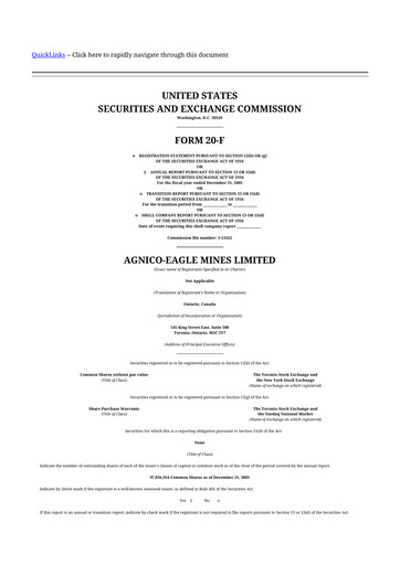 Thumbnail Agnico Eagle Mines 20-F Annual Report 